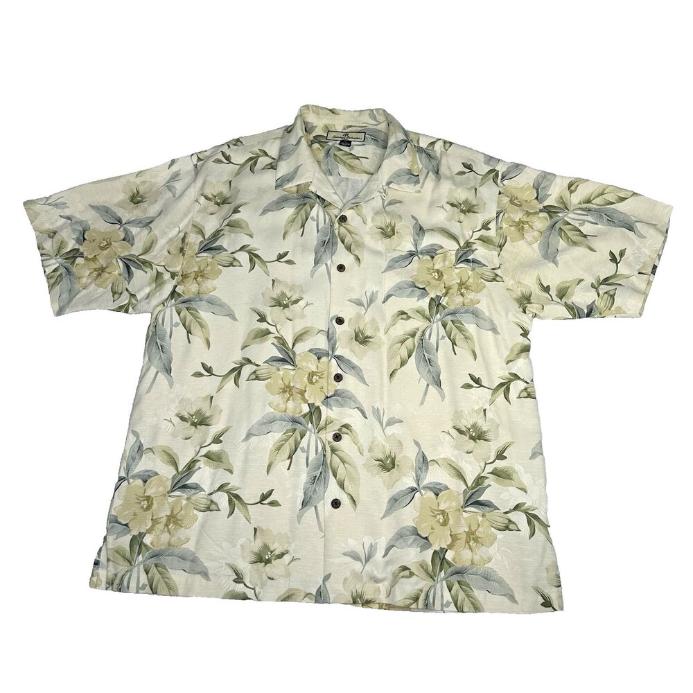 Tommy Bahama Men's L 100% Silk Hawaiian Camp Shirt Tropical Floral Loop Collar